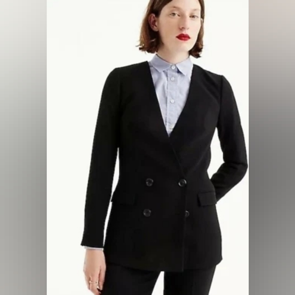 J. Crew French Girl Blazer Colarless Longline Preppy Office *Black Sz4